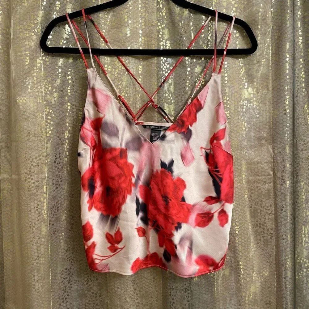 Victoria’s Secret red rose floral silky strappy camisole top, size S